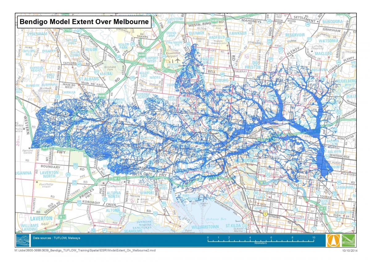 žemėlapis Melburnas potvynių
