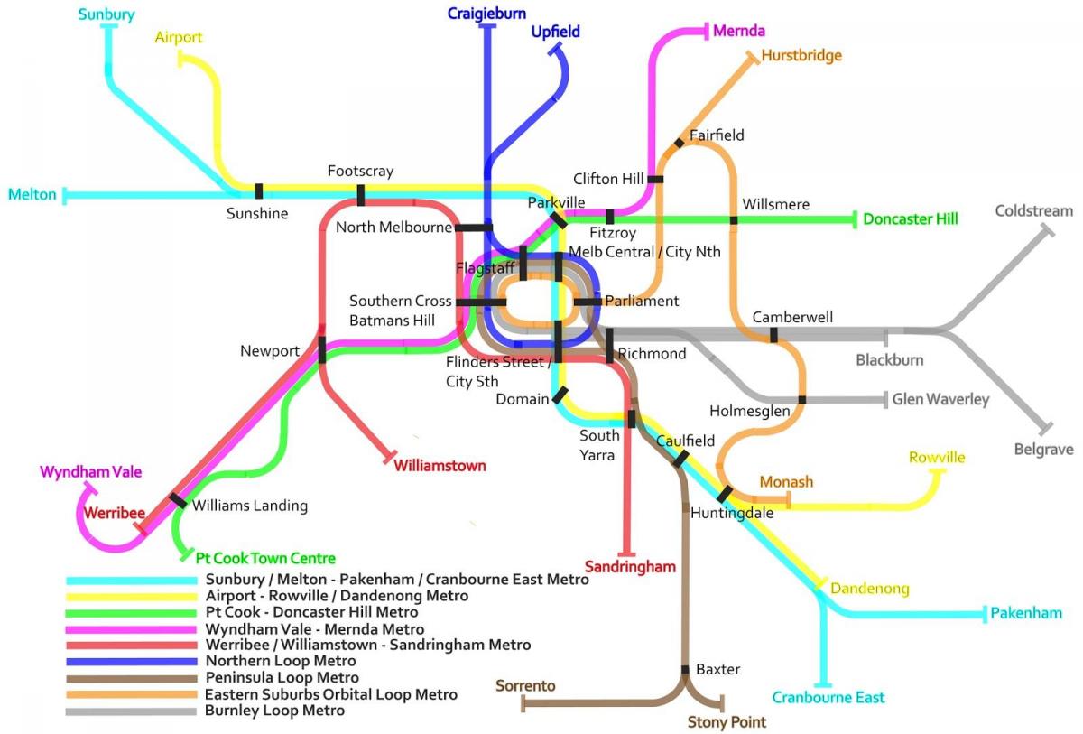 metro traukinių žemėlapis Melburnas