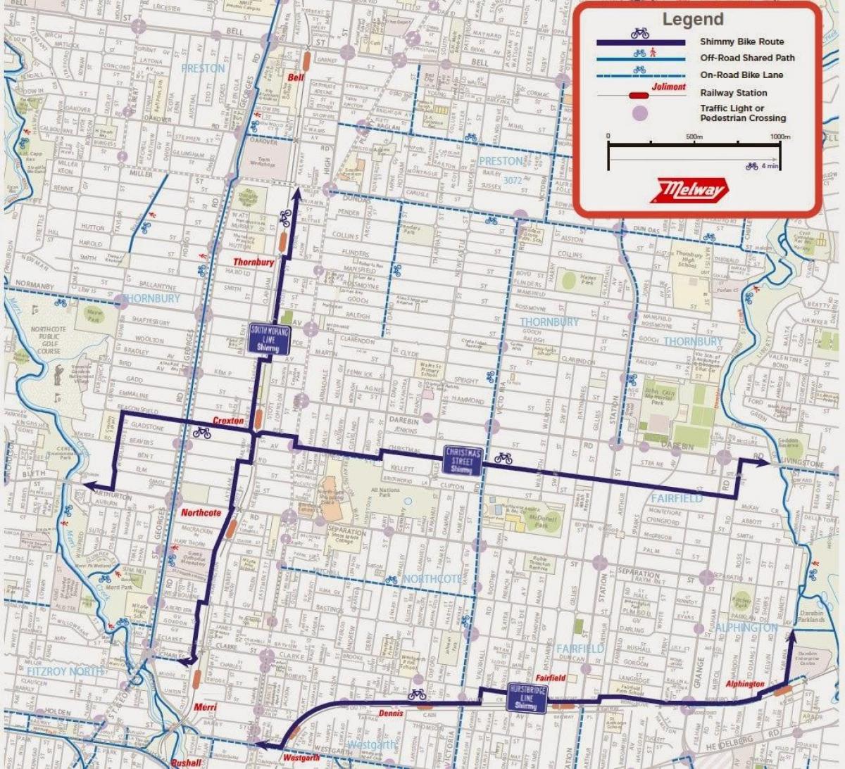 žemėlapis Melburnas dviračių dalis