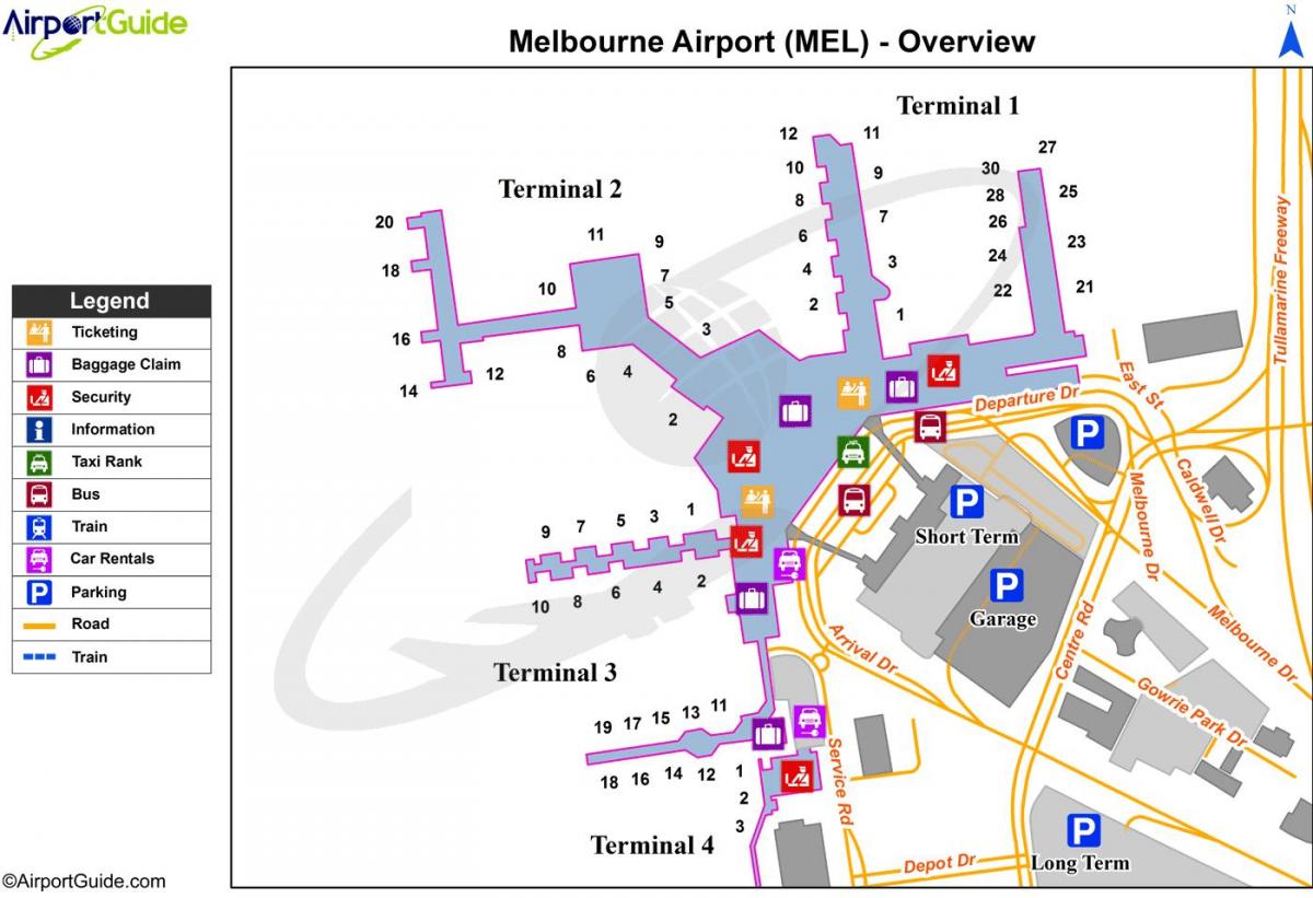 žemėlapis Melburno oro uosto terminalai