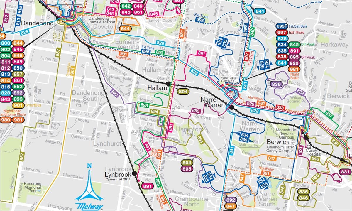 Melburnas miesto autobusų maršrutų žemėlapį