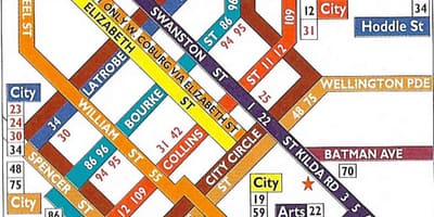 Melbourne cbd tramvajų žemėlapyje